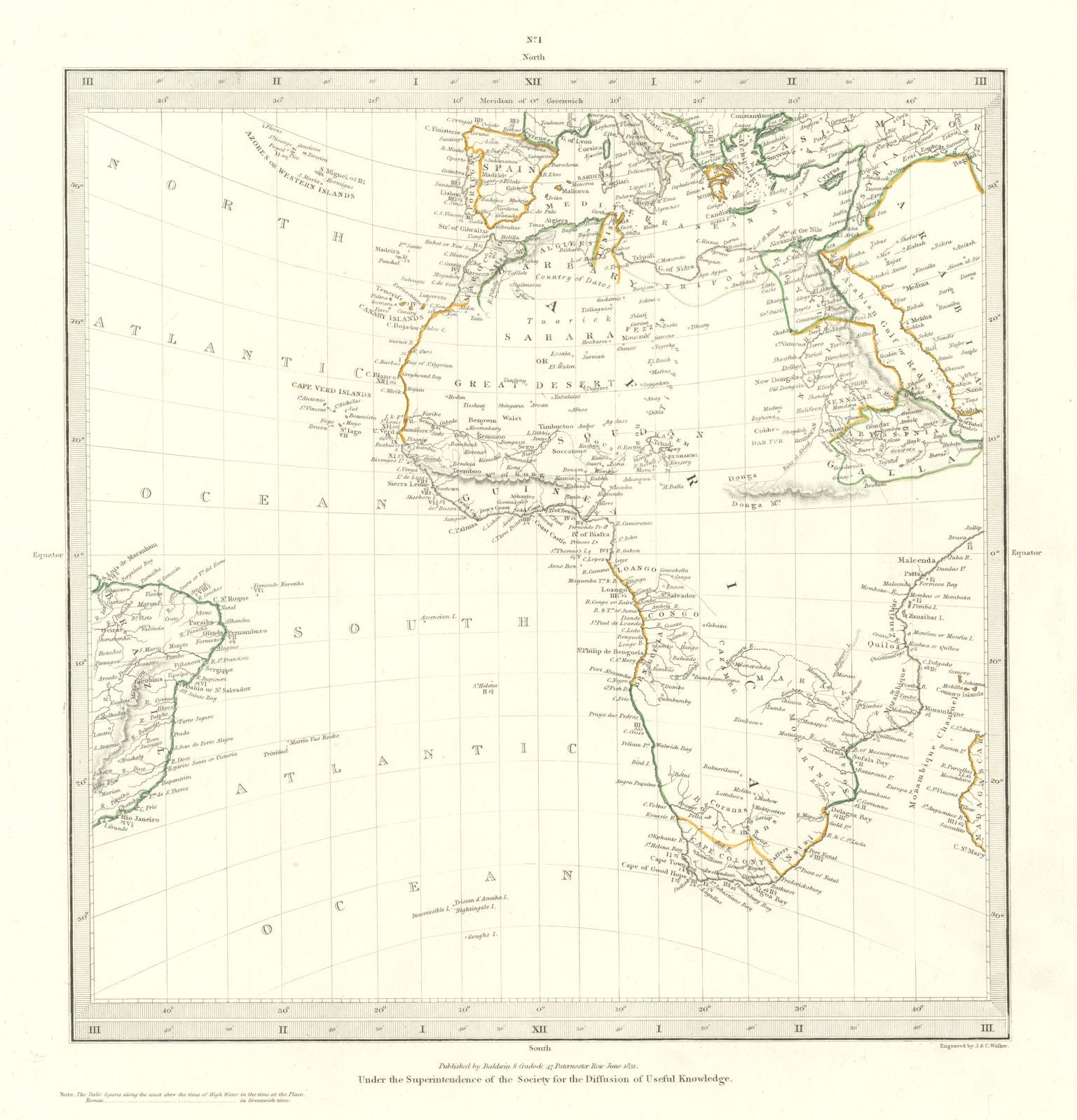 AFRICA.South Europe Brazil.Gnomonic Projection.Mountains of Kong.SDUK 1844 map